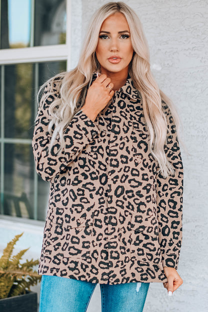 Double Take Leopard Drawstring Waist Jacket with Pockets