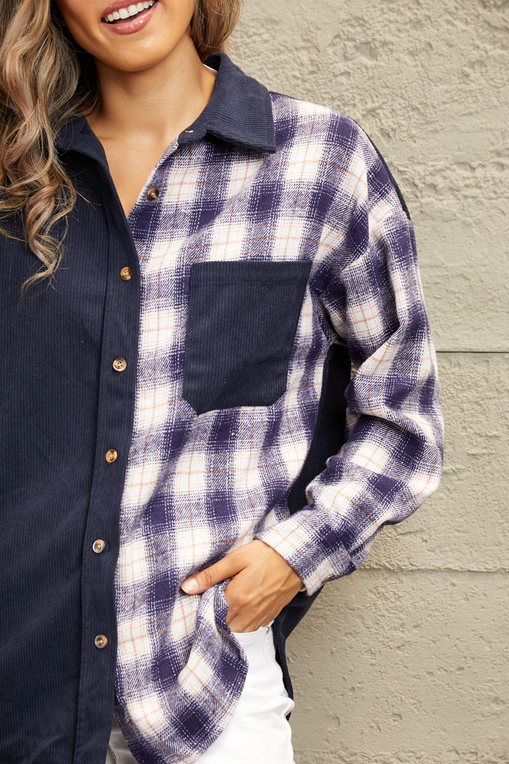 Double Take Plaid Color Block Dropped Shoulder Corduroy Shacket