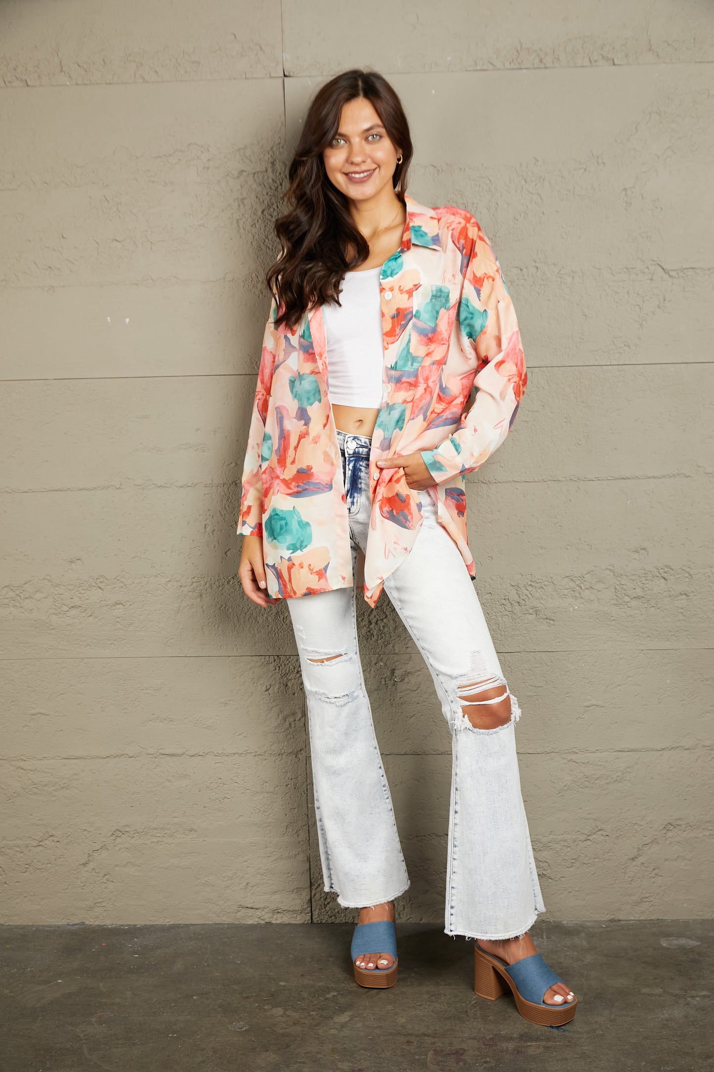 Double Take Floral Long Sleeve Slit Longline Shirt