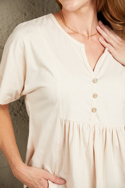 Buttoned Notched Neck Short Sleeve Top