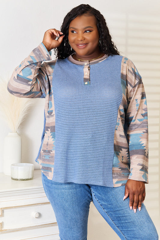 Sew In Love Full Size Waffle Knit Tribal Print Top