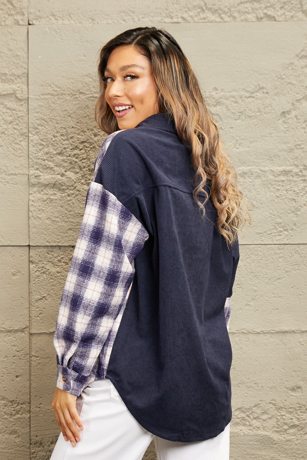 Double Take Plaid Color Block Dropped Shoulder Corduroy Shacket