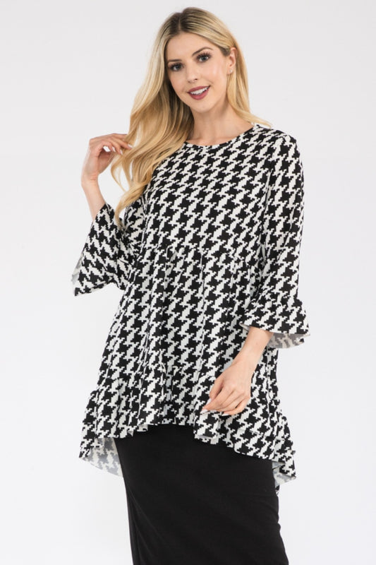 Celeste Full Size Houndstooth Flounce Sleeve High-Low Top