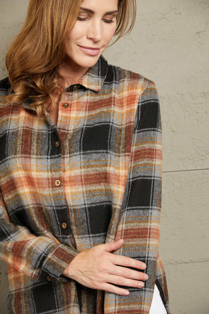 Double Take Plaid Side Slit Curved Hem Shirt