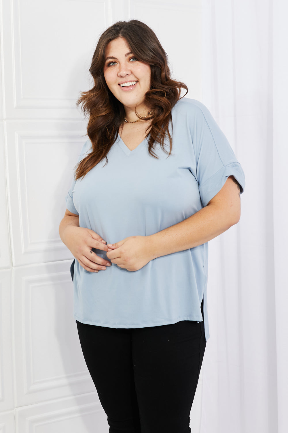 Zenana Simply Comfy Full Size V-Neck Loose Fit T-Shirt in Blue