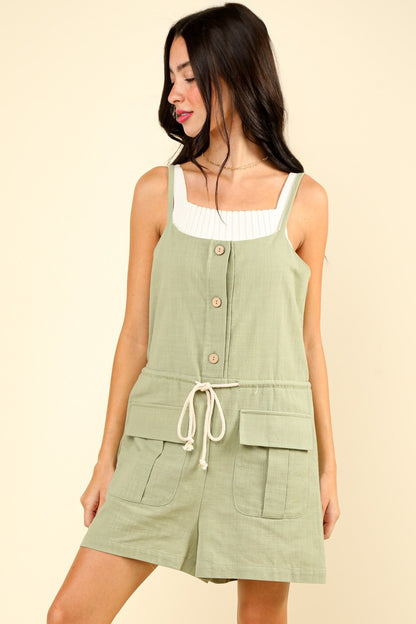 VERY J Half Button Drawstring Sleeveless Romper