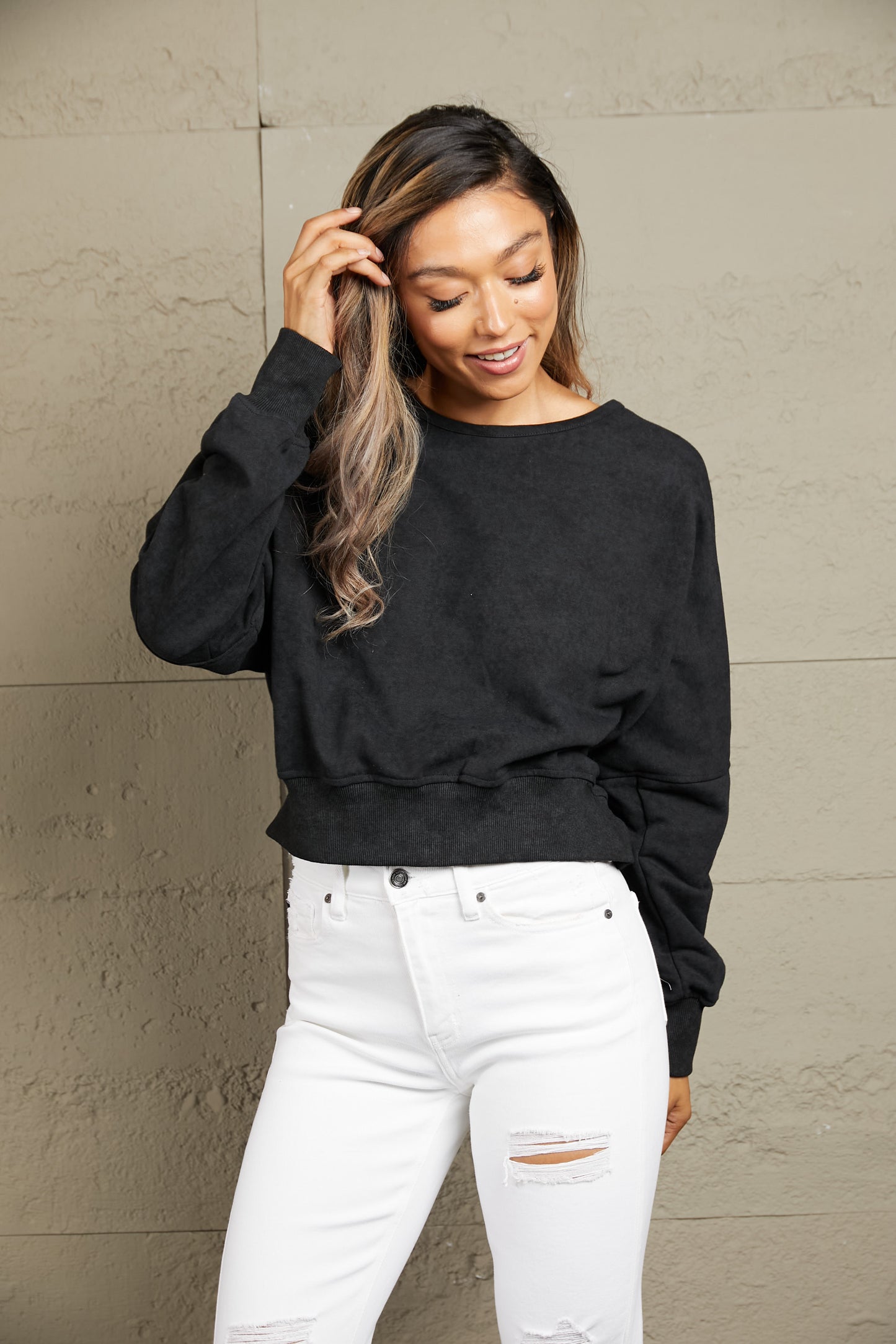 Double Take Round Neck Open Back Sweatshirt