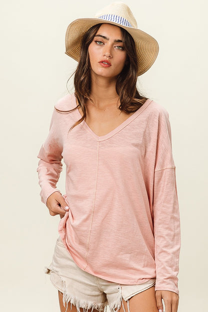 BiBi Exposed Seam V-Neck Long Sleeve T-Shirt