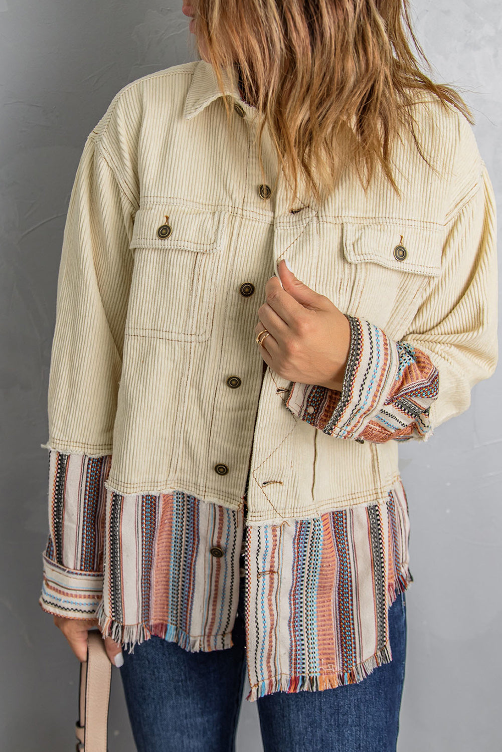 Double Take Striped Frayed Hem Corduroy Jacket