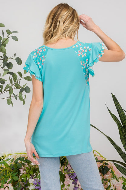 Celeste Full Size Floral Contrast Short Sleeve Top