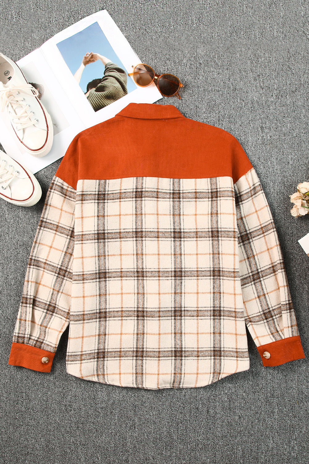 Double Take Plaid Contrast Corduroy Shacket