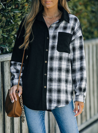 Double Take Plaid Color Block Dropped Shoulder Corduroy Shacket