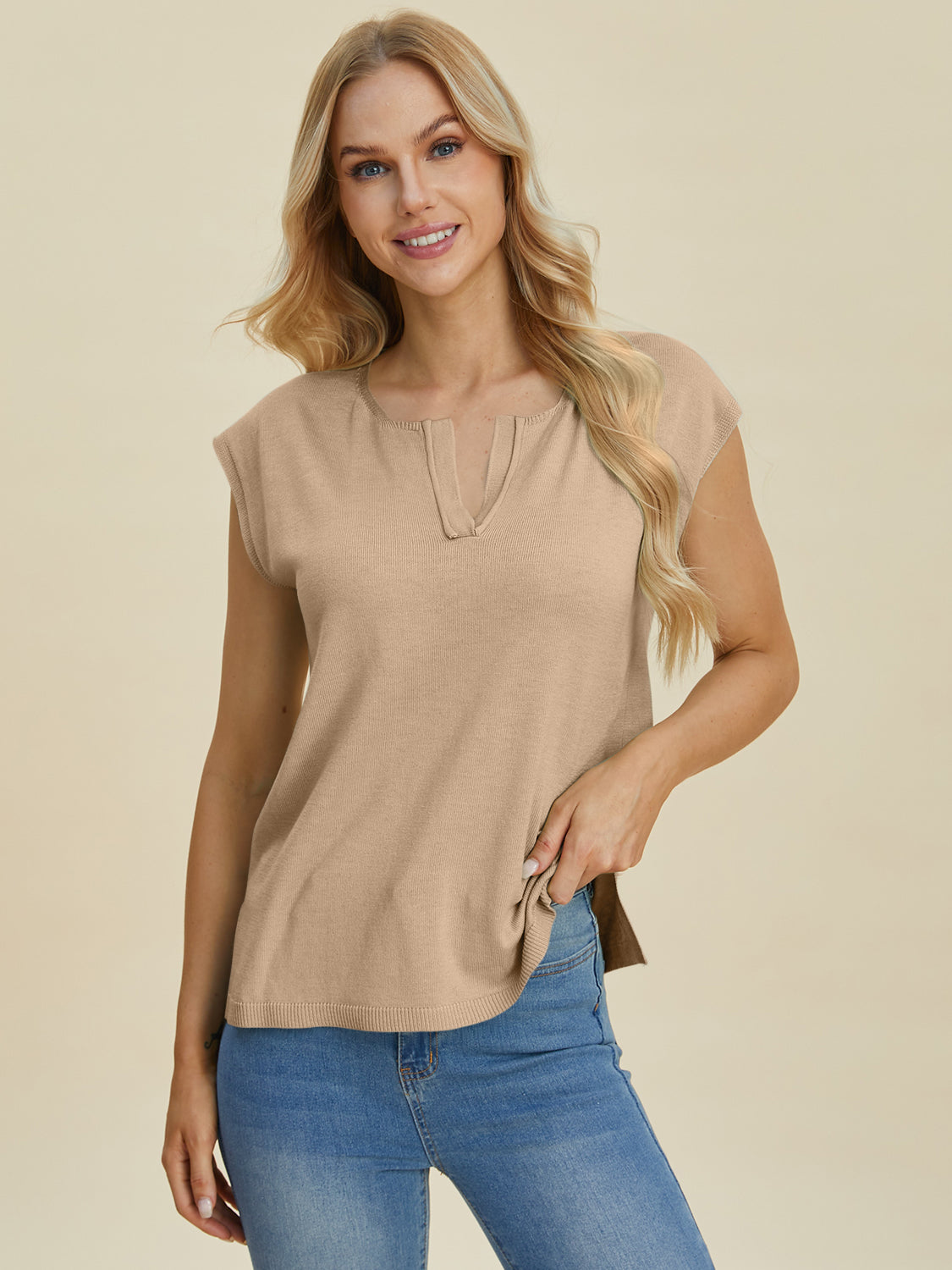 Double Take Full Size Notched Cap Sleeve Knit Top