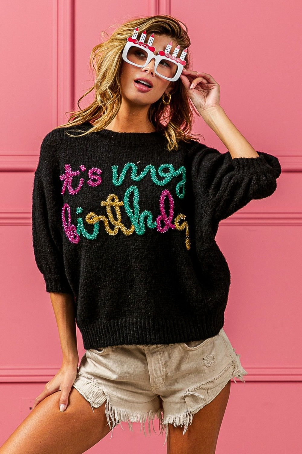 BiBi Metallic Letter Puff Sleeve Hairy Sweater