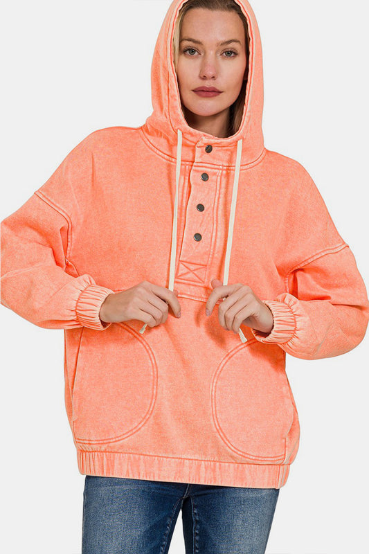 Zenana Drawstring Half Snap Dropped Shoulder Hoodie