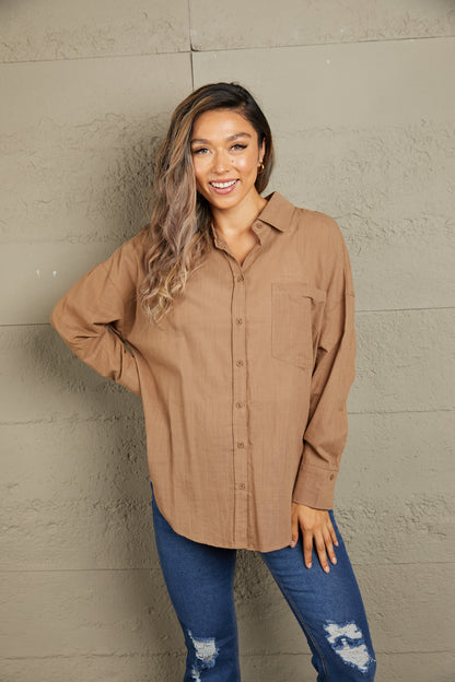 Dropped Shoulder Collared High-Low Shirt