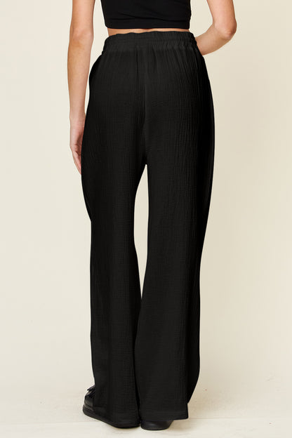 Double Take Full Size Texture Drawstring Wide Leg Pants