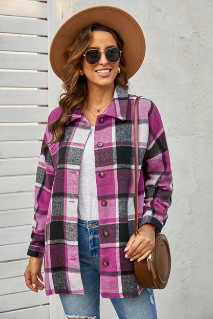 Double Take Plaid Dropped Shoulder Pocketed Shirt Jacket