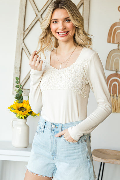 Double Take Lace Crochet Long Sleeve Top