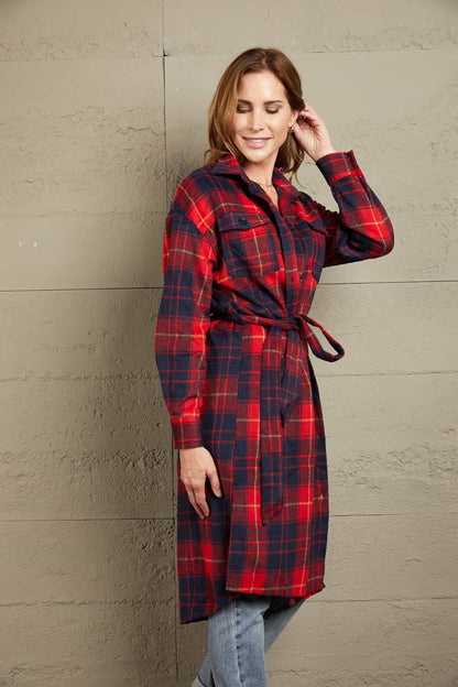 Plaid Belted Button Down Longline Shirt Jacket